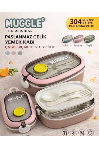 Paslanmaz Çelik Yemek Kabı 750 Ml - Çatal Kaşık Setli, Çift Kilitli Tasarım- Pembe Renk Çok Renkli