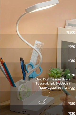 Şarjlı Masa Lambası Renk Ayarlı Dokunmatik Standlı Dimmerli Kalemlikli Çalışma Okuma Işığı 7225 Beyaz