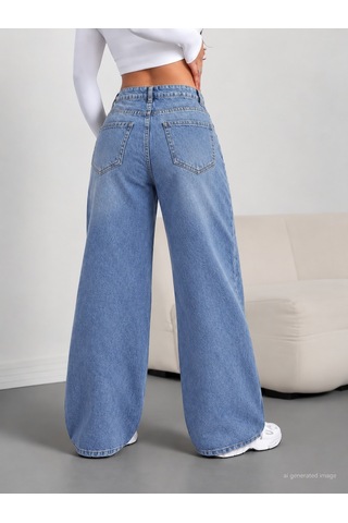 Bhrwear Kadın Yüksek Bel Taşlı Cep Detaylı Paçaya Doğru Genişleyen Kot Pantolon Renkli