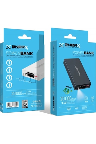 Enerx Enr-p2025dc Powerbank 20.000 Mah Dijital Ekranlı Fenerli Usb+type-c 2.1a Beyaz Siyah