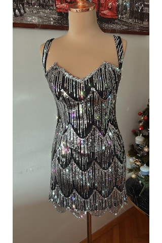 Chica Rosa Fashion Kısa Gümüş Pullu Elbise Gümüş - Siyah