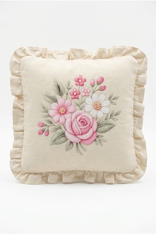 Fırfırlı Çiçek Desenli Dekoratif Kırlent Kılıfı %100 Pamuk Organik Boya Baskılı 45x45 Cm Bej