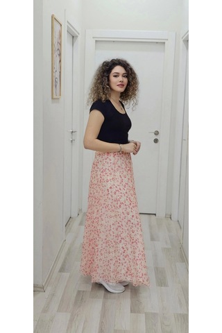 Bel Lastikli Kloş Şifon Etek 6003-beyaz/turuncu Beyaz/turuncu Beyaz - Turuncu