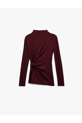 Koton Koton X Melis Ağazat - Slim Fit Uzun Kollu Dik Yaka Aksesuar Detaylı Tişört Bordo 6wak50278ek Bordo