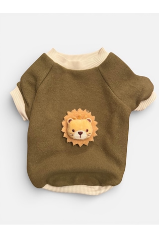 Minik Aslan Kedi Sweatshirt Haki Sıcak Tutan Yumuşak Kedi Kıyafeti