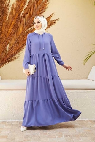 Neways 6531-Krep Kapüşonlu Reglan Kollu Elbise Eflatun