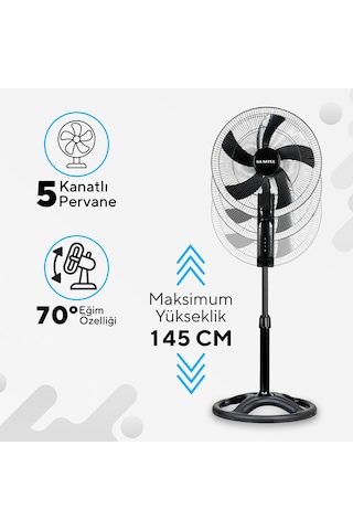 Kumtel KTF-395 Siyah 18 İnç Ayaklı Vantilatör 60 W, 5 Kanatlı, 3 Kademeli, 145 cm Ayarlanabilir Yükseklik