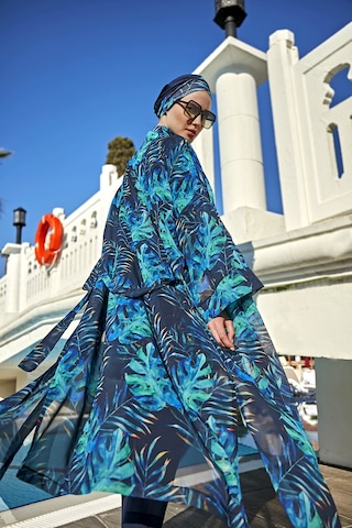 Remsa Mayo Remsa Tesettür Mayo Üzerine Tek Kaftan Kimono Pareo Rp009 Tropikal Lacivert