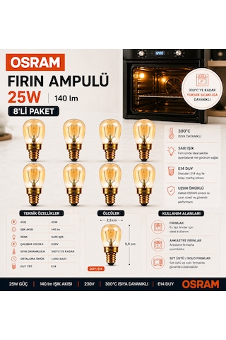 8 Adet 25w E14 Fırın Ampulü 300 C Isıya Dayanıklı Sarı Işık