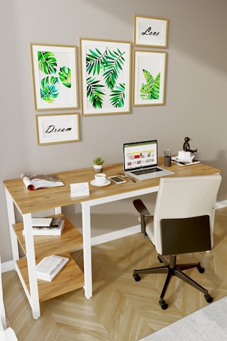 Reflekta Kitaplıklı Raflı Atlantik Çam Beyaz Çalışma Masası Ofis Masası Oyuncu Masası Atlantik Çam & Beyaz