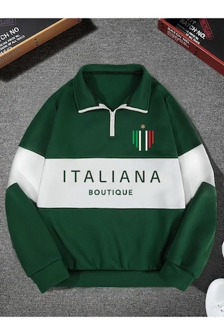 Altamira Unisex Yeşil Boutique Baskılı Oversize Parçalı Polo Yaka Fermuarlı Sweatshirt 001