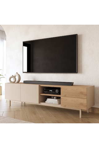 Robin Home Luka Tv Ünitesi Sehpası 2 Kapaklı 2 Çekmeceli Ahşap Ayaklı 180cm Kumsal-sepet Bej