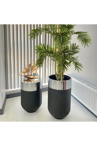 Dekoratif Gümüş Darbuka Siyah Saksı 70 Cm+Sehpa 60 Cm (Ikili Set)