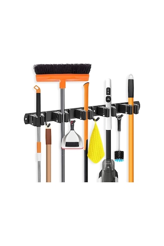 Mufunye Duvar Tipi Süpürge Ve Mop Tutucu - 5 Konum + 4 Paslanmaz Çelik Kanca, Otomatik Tutucu, Özlü Batırmalı Montaj, Garaj/mutfak/üçgen İçin