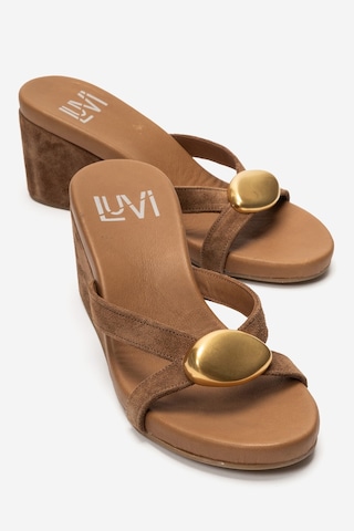 Luvi Shoes Caterına Toprak Süet Hakiki Deri Tokalı Kadın Dolgu Topuklu Terlik