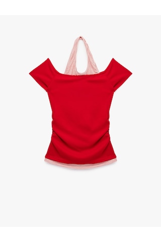 Koton Viskon Slim Fit Omzu Açık Kısa Kollu Halter Yaka Tişört Kırmızı 7wal10338ık