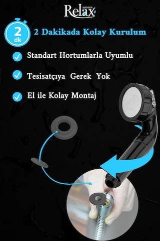 Relax Shower Filtreli Yüksek Basınçlı Tasarruflu Fonksiyonlu Tazyikli I Masaj Etkili Banyo Duş Başlığı Parlak Siyah