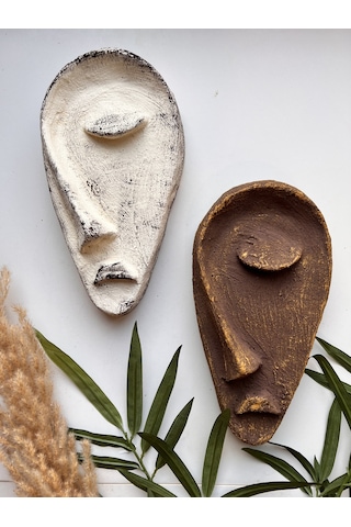 Özel Tasarım El Yapımı Heykel Soyut Yarım Yüz Maske 2'li Set, Duvar Dekor, Modern Ev Ve Ofis Dekoru