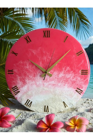 Pink Ocean Okyanus Duvar Saati 40 Cm Pembe & Beyaz Dalga Efektli Epoksi Saat Altın Rakamlı Lüks Tasarım, Sessiz Mekanizma Okyanus
