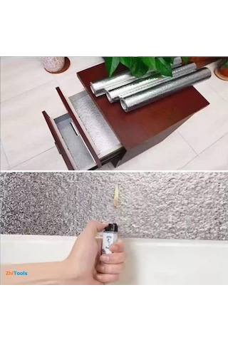 Zhltools Rulo Gümüş Alüminyum Folyo Duvar Kağıdı, Kendinden Yapışkanlı Raf İçi, Su Geçirmez Folyo 2 Mt X 60 Cm