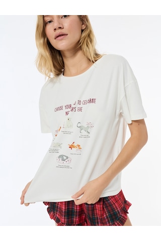 Koton Kedi Baskılı Kısa Kollu Bisiklet Yaka Oversize Tişört Pijama Üstü Beyaz 6wlk40284mk Beyaz