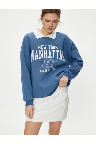 Koton Oversize Polo Yaka Sweatshirt Kolej Temalı Baskılı Uzun Kollu Mavi 4sal10278ık Mavi