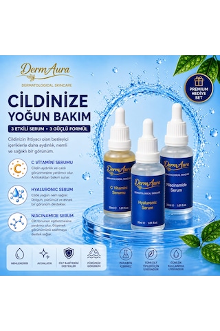 Dermaura 3 Lü Serum Bakım Seti C Vitamini + Hyaluronic + Niacinamide Serum