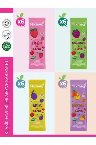 Mixmey Klasik Favoriler Meyve Bar Paketi 24 Adet | Atıştırmalık Vegan, Glutensiz (20GR X 24 ADET)