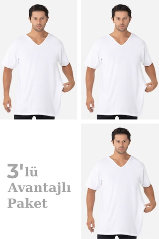 Arma Yıldız 3'lü Paket Beyaz Erkek V Yaka Kısa Kollu Büyük Beden Tişört %100 Pamuklu Penye