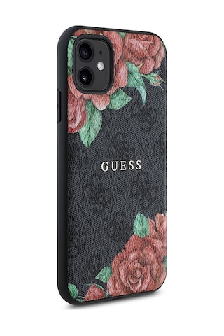 Apple Uyumlu iPhone 11 Kılıf Guess Lisanslı Magsafe Gül Baskılı 4g Desenli Yazı Logolu Kapak Siyah