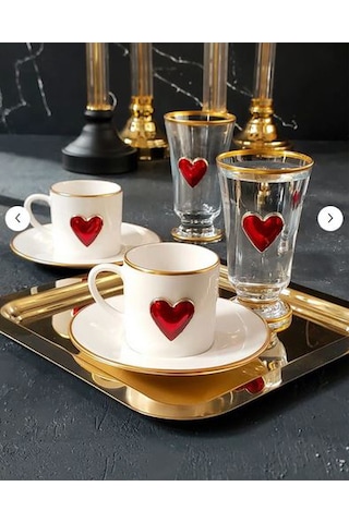 Regna Home Fine Living Love 2 Kişilik Dekorlu Kahve Yanı Su Bardaklı Kadehli 6 Parça Kahve Fincan Takımı Beyaz