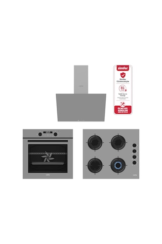 Carino 4 Fonksiyon Dijital Gri Power Turbo 3'lü Cam Ocaklı Ankastre Set Fırın+Ocak+Davlumbaz