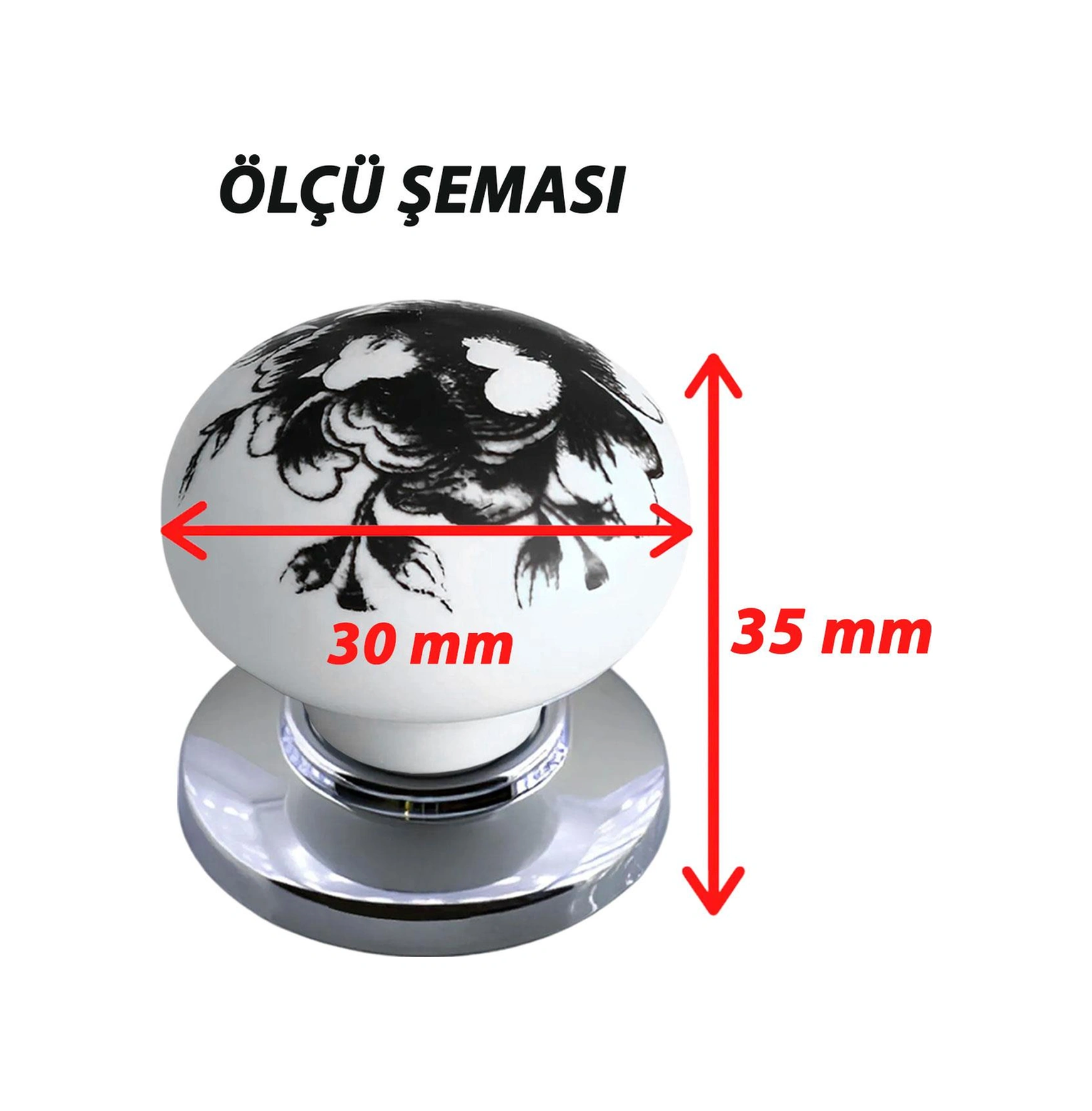 15 Adet Siyah Gül Desenli Beyaz Polimer Düğme Kulp Krom Tablalı Mobilya Mutfak Dolabı Çekmece Kulbu Kulpları