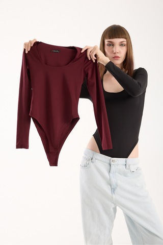 Gugus Kadın Kare Yaka Uzun Kollu Çıtçıtlı/zıbın Body Kırmızı