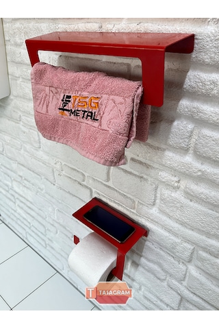 Metal Kırmızı 2'li Set 30cm Havlu Askılığı Ve Tuvalet Kağıdı Askı