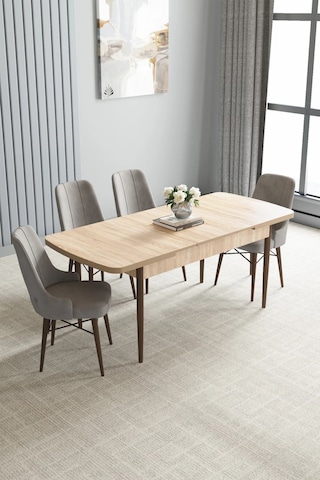 Zümra Serisi, Meşe Desen 80x132 Açılabilir Mdf Mutfak Masası Takımı 4 Adet Sandalye Gri