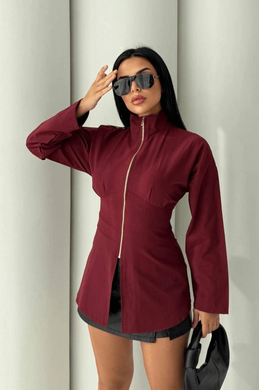 Kadın V Yaka Fermuarlı Gömlek Bordo