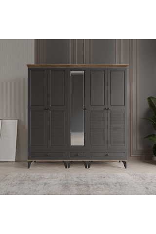 Beenal Nisa 5 Kapaklı Gardırop Dolap 200cm Atlantik Çam - Antrasi