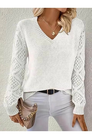 Kadın Uzun Kollu V Yaka Kol Delikli Baklava Desen Detaylı Triko Kazak Beyaz