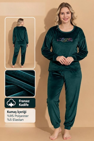 Boyraz Kadın Kışlık Fransız Kadife Bisiklet Yaka Uzun Kol Pijama Takımı 0207 - 1 Adet Yeşil