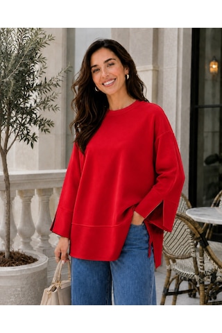 Unika Boutique Kadın Oversize Yırtmaçlı Uzun Kollu Salaş Bluz Kırmızı