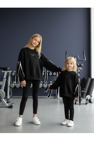 Kız Çocuk Kolları Fiyonklu Oversize Tasarım Sweatshirt-16468 Siyah