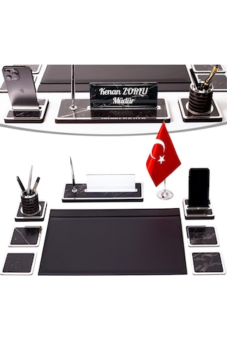 Star Bayraklı Mermer Desenli Ahşap Sümen Takımı Deri Sümen Seti Masa İsimliği - Gümüş