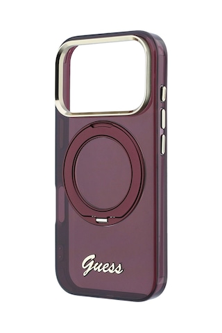 Apple iPhone Uyumlu 18 Pro Max Kılıf Guess Lisanslı M-safeli Dönebilen Standlı Metal Yazı Logolu Kapak Bordo