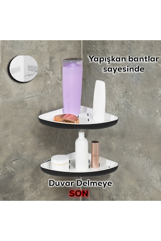 Porsima 0447 2'li İstiridye Banyo Köşe Rafı Yapışkanlı Raf Siyah