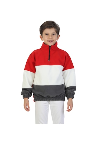 Erdem Kıds Unisex Kız-erkek Çocuk Dik Yaka Fermuarlı Sweatshirt-kazak Beli Lastikli Çok Renkli Kışlık Polar Kırmızı-ekru-gri Kırmızı-ekru-gri