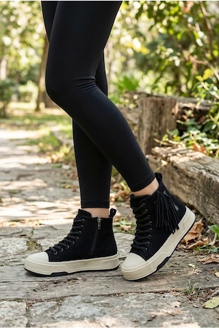 Shoetek Lissa Kadın Spor Bot Bağcıklı Yandan Saçaklı Hakiki Deri Siyah Süet