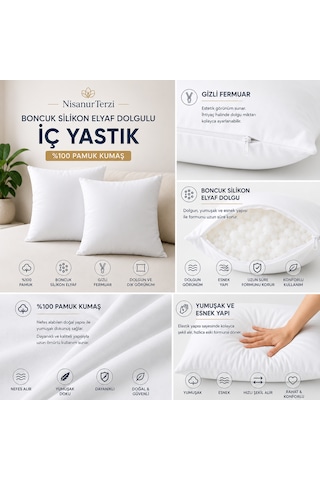 Nisanur-home %100 Pamuk Kumaş Boncuk Silikon Elyaf Dolgulu Gizli Fermuarlı İç Yastık 60 x 60