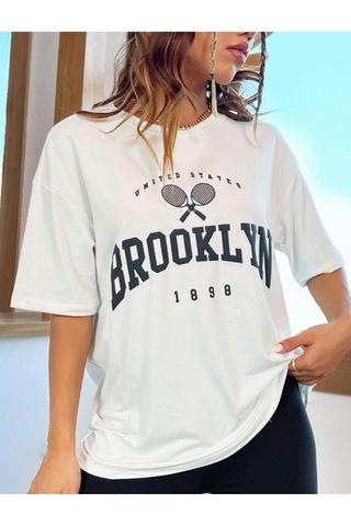 Beyaz Oversize Brooklyn Rocet Baskılı Tshırt Beyaz