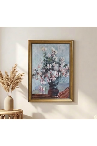 Gold Çerçeveli Nostaljik Vazoda Monet Kasımpatı Çiçekleri Tablosu - Lüx Salon Tablosu